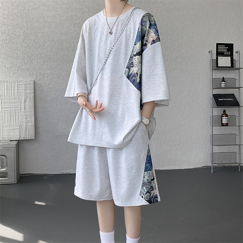 TZ792-特批50控98夏季冰丝潮流大码小熊撞色短袖短裤套装男,男装牛仔裤,电商A059