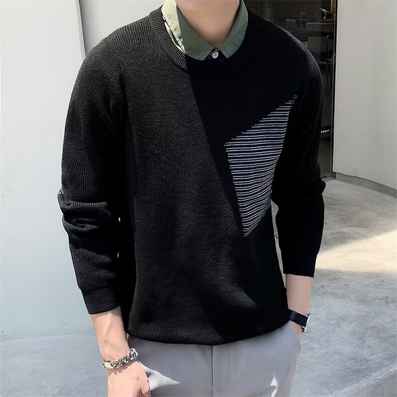 店主风春秋季男士假两件翻领毛衣拼接撞色针织衫修身上衣 M3344图片
