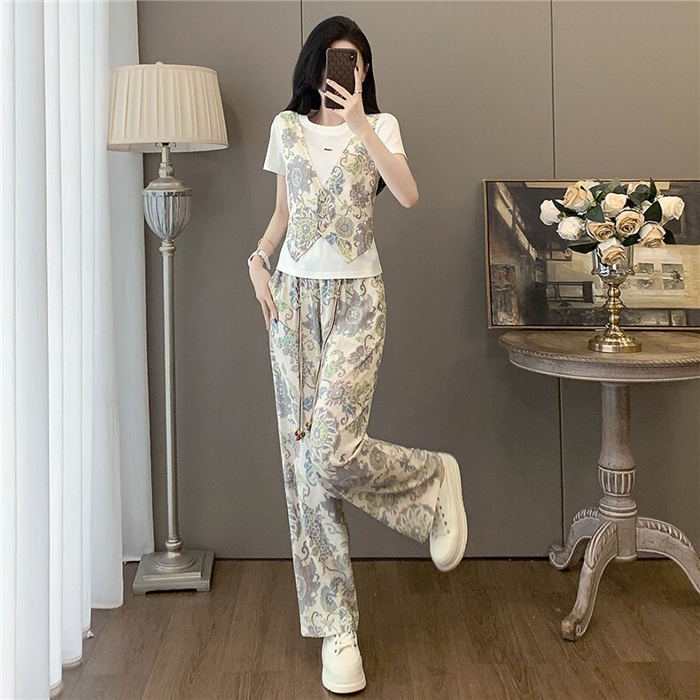 设计感时尚气质简约套装女夏圆领印花马甲假两件套阔腿长裤两件套图片