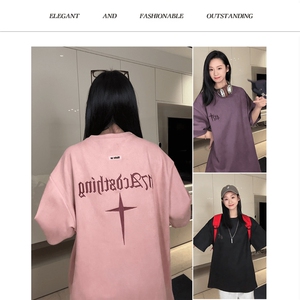 女图 网图 抖音220克麂皮绒十字架印花短袖T恤1611B-TT17-P28图片