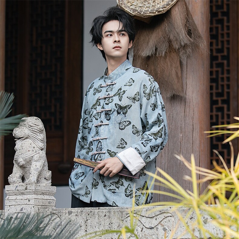 春夏新中式（蝴蝶）风潮中式衬衫植绒麻混纺印花唐装男女款,男装衬衫,星座305A（原312A-1）