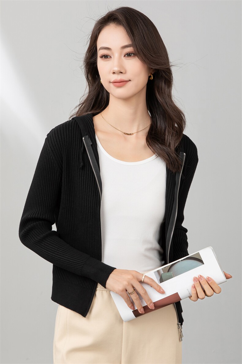 2024秋冬新款连帽拉链针织开衫女修身显瘦软糯亲肤外套百搭,针织衫/毛衣,春韵羊绒