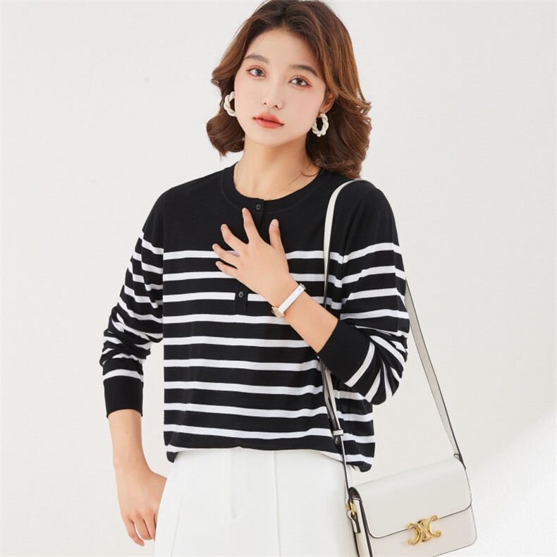 女士条纹长袖羊毛衫半开领羊毛，女装羊毛衫，润匹羊绒