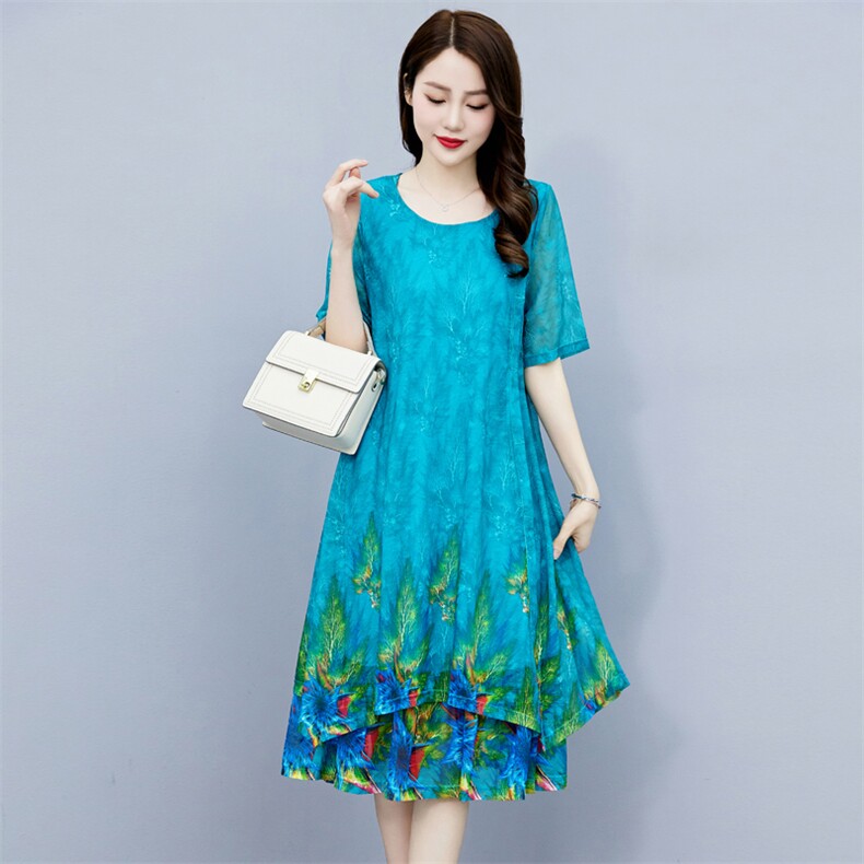 2023夏季女装新款大量现货定位花冰丝网孔洋气大码妈妈连衣裙,女装大码女装,魅衣本色