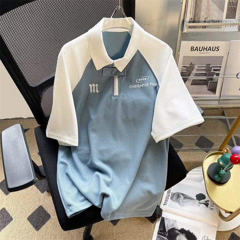日系夏季青春流行新款五分袖潮慵懒标准POLO衫气质潮流文艺男图片
