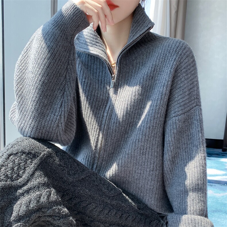 翻领双拉链100%纯羊毛开衫女高领加厚长袖毛衣宽松羊绒衫外搭上衣,女装羊毛衫,冀清阳荣