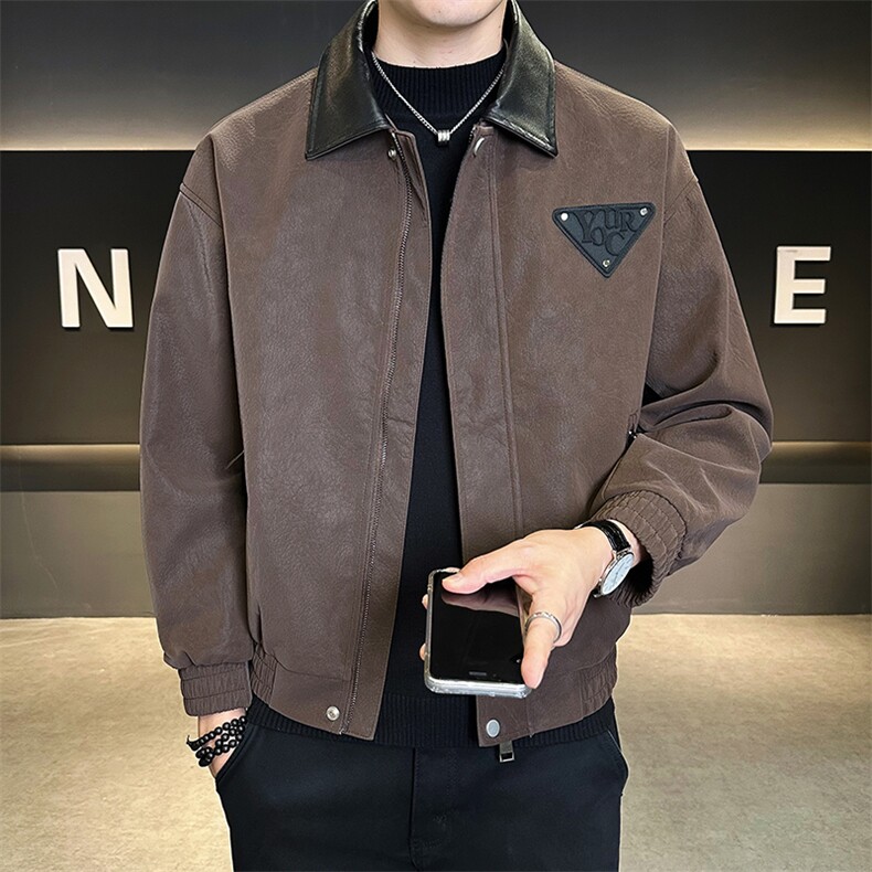 25889-M-4XL-P145店主风秋季翻领欧货高品质拼色贴标男士皮衣外套图片
