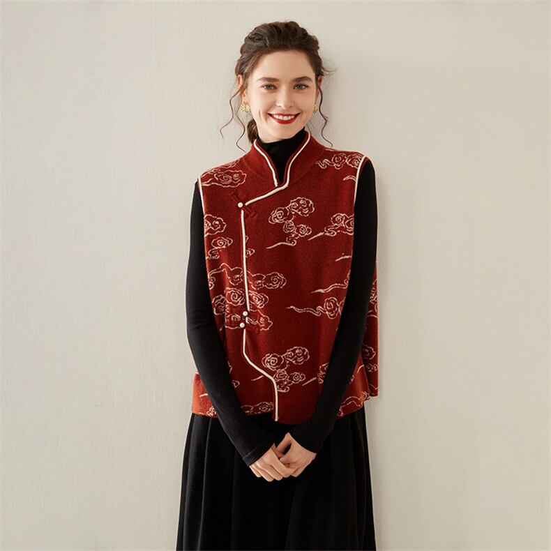 国风立领盘扣精纺纯羊毛马甲女复古提花2025秋冬针织宽松开衫坎肩,女装马甲,雪山红莲