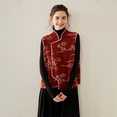国风立领盘扣精纺纯羊毛马甲女复古提花2025秋冬针织宽松开衫坎肩，女装马甲，雪山红莲