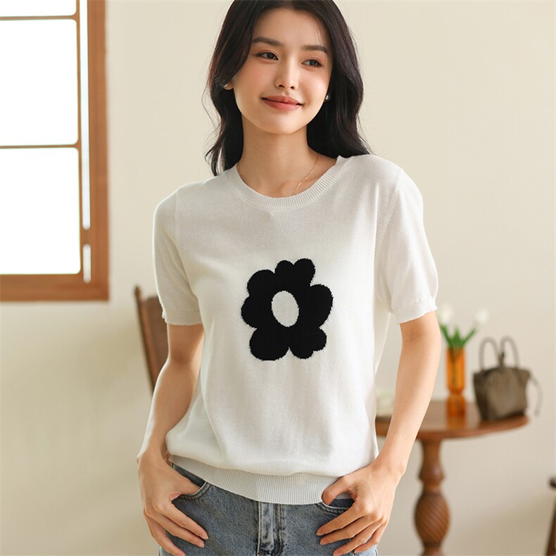 专柜奢侈品牌捡漏女装夏季韩版花朵短袖t恤女显瘦纯棉针织衫上衣,女装T恤,伊绒腾羊绒