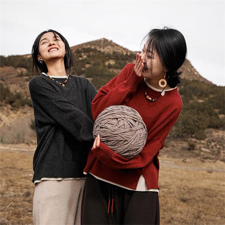 时尚宽松假两件下摆开叉设计羊毛针织毛衣,女装羊毛衫,泰沅羊绒