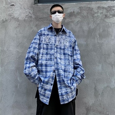 潮牌美式高街字母刺绣格子衬衫男春秋款设计HC138P40，男装衬衫，星座1116-2