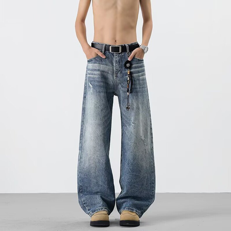 美式高街水洗直筒牛仔裤男生街头宽松cleanfit阔腿百搭拖地长裤，男装牛仔裤，星座218-8