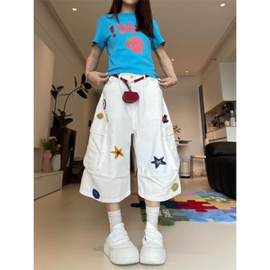 AK2221-P70星星刺夏季薄款美式多口袋阔腿宽松七分裤图片