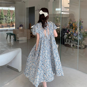 法式复古泡泡袖碎花连衣裙女夏2025新款文艺范设计感小众独特长裙图片
