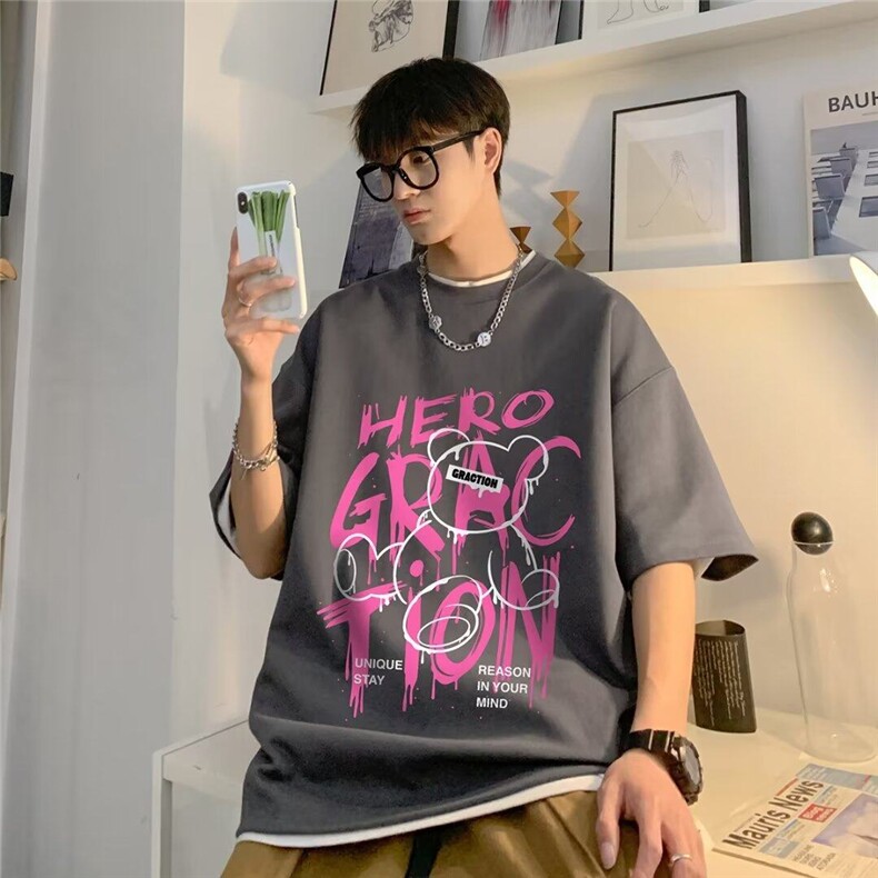 现货字母印花短袖t恤男夏季2025新款潮流复古hiphop五分袖,男装T恤,星座218-1（原230）