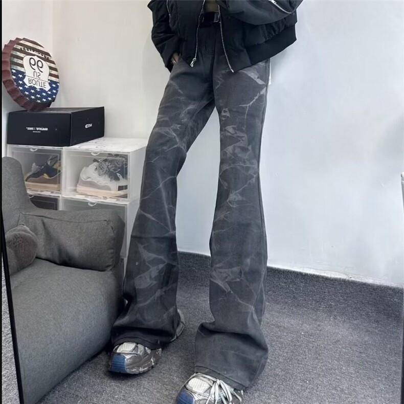 【有货】DM78-P50美式复古扎染水洗微喇叭牛仔裤欧美高街裤子男潮图片