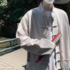 新中式国风亚麻盘扣唐装长袖黑色衬衫男装中山装道袍夏季薄款外套，男装衬衫，星座1116-2