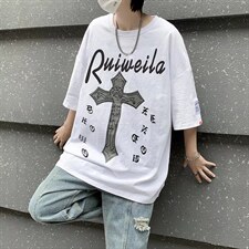 潮复古港风夏印花短袖T恤情侣装宽松休闲纯棉半袖上衣T3083P35图片
