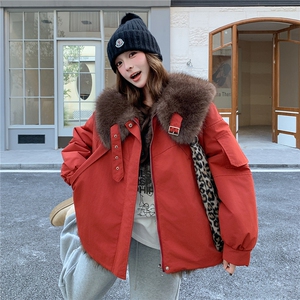 红色双面穿娃娃领派克棉服女冬超火好看高级小众加绒加厚工装外套图片