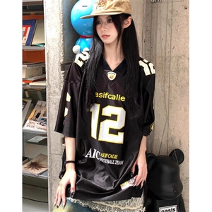 夏季新款设计感小众印花宽松短袖球衣T恤街头运动休闲T恤 T1194图片