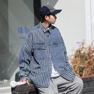 日系百搭夏季方领文艺长袖潮男潮流标准原宿时尚衬衫CS055P63,每日穿搭时尚潮鞋图片
