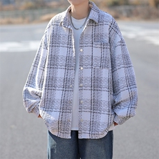 小香风翻领格子衬衫外套男春季新款百搭宽松休闲衣W8090-P65，男装衬衫，星座512-4