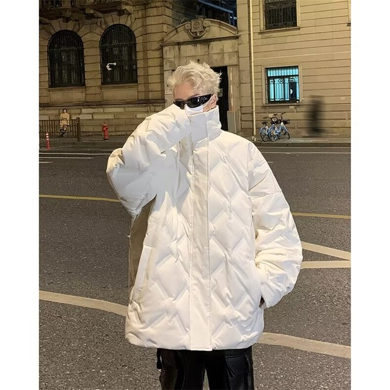冬季黑色菱形格羽绒棉服男女款高街立领加厚面包服工装外套潮,男装棉衣,星座1013