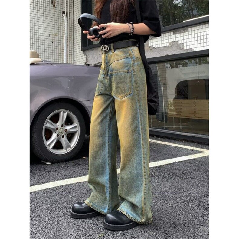 美式毛边牛仔裤女夏高街直筒宽松显瘦阔腿垂感拖地裤潮RK2628-P56,男装牛仔裤,星座412-2