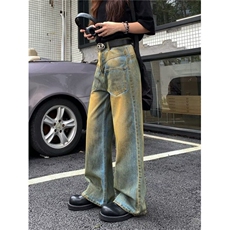 美式毛边牛仔裤女夏高街直筒宽松显瘦阔腿垂感拖地裤潮RK2628-P56，男装牛仔裤，星座412-2