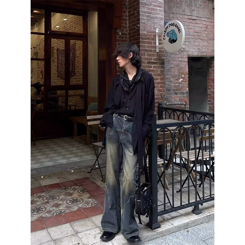 复古高腰做旧直筒牛仔裤男2025新款春季宽松阔腿裤拖地裤NZ602,男装牛仔裤,星座208-5