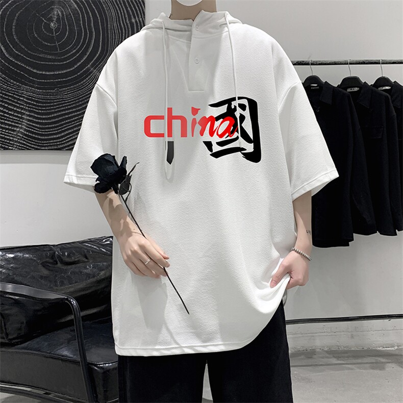 LD54189-P45 连帽短袖t恤男大码胖子带帽五分袖中袖 大皂风图片