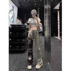美式vibe毛边裤子高街破洞拼接微喇牛仔裤男款修身直筒双色鸳鸯裤，男装牛仔裤，星座506A