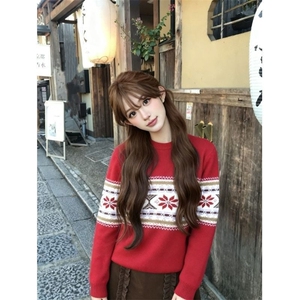 韩系时尚费尔岛复古风撞色提花圆领针织衫毛衣女冬季百搭显瘦上衣图片