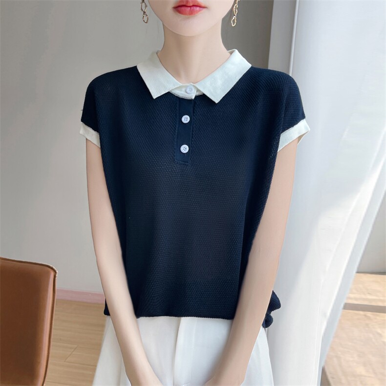 夏款莱赛尔天丝翻领针织短袖T恤女拼色纽扣提花上衣宽松半袖打底,针织衫/毛衣,大美人高端店
