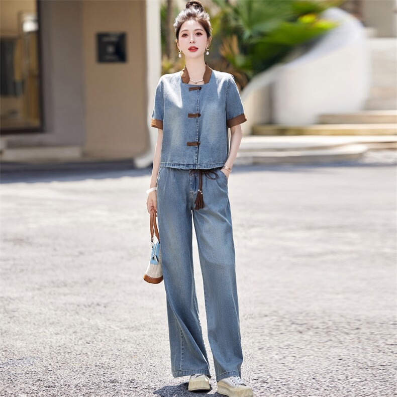 新中式牛仔时尚套装女2025夏季爆款小个子复古显瘦休闲国风两件套,女装套装/套裙,欣品汇