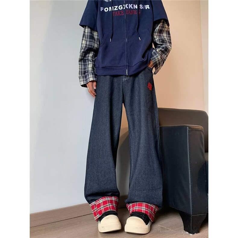 美式拼接牛仔裤男女秋季新款百搭宽松阔腿休闲裤子潮RK2128X-P47,男装牛仔裤,星座412-3