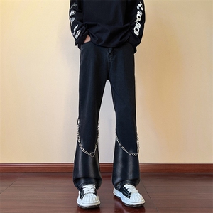现货 高街vibe黑色扎染设计感链条修身微喇牛仔裤男K880-P55 控78图片