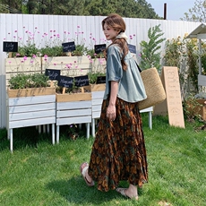 复古短袖牛仔衬衫碎花半身裙套装女2025夏新款时尚收腰显瘦两件套，女装连衣裙，2C029