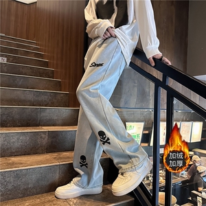 k1063J-p65-控88M-5XL立体印花水晶绒加绒港风高阶宽松牛仔裤微喇图片