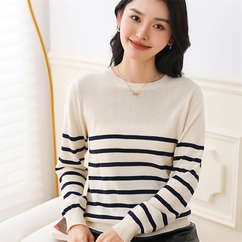 条纹控薄款baby山羊绒衫女圆领针织打底衫宽松慵懒风毛衣早秋新款,针织衫/毛衣,伊绒腾羊绒