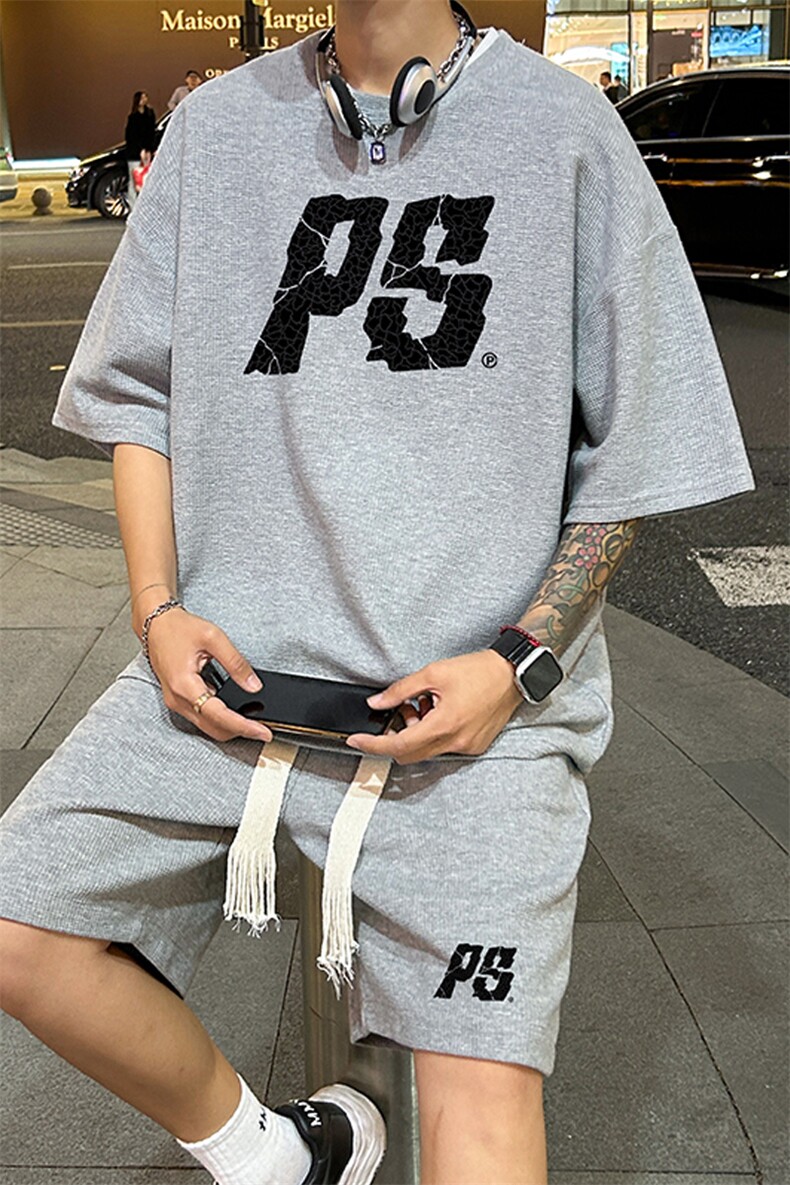 套装！华夫格套装短袖T恤短裤男TZ214-特P38,男装牛仔裤,电商B367