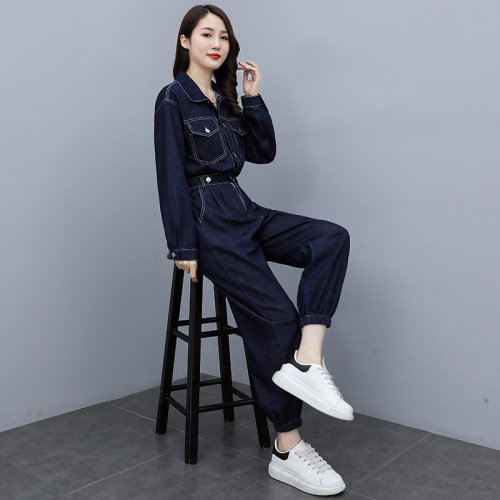 牛仔长袖深色牛仔裤工装裤街头中腰修身秋季连体裤翻领女,女装连体裤,微微衣阁