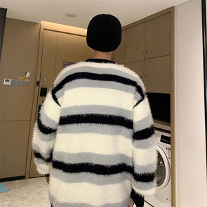 美式条纹针织毛衣宽松秋冬季新款外穿水貂绒慵懒风针织衫图片