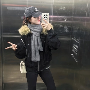现货重磅boxy短款棉衣座山雕大毛毛领男女棉服水洗工装厚外套图片