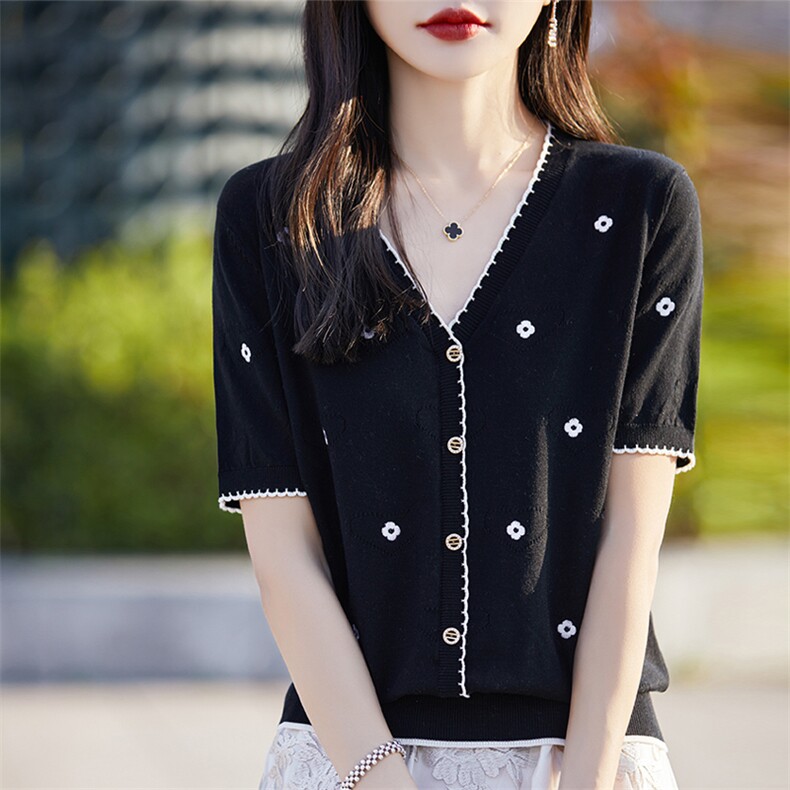 刺绣天丝针织衫短袖V领T恤女夏季宽松显瘦薄款莱赛尔洋气开衫上衣,女装T恤,优麦羊绒（原洪叶羊绒）