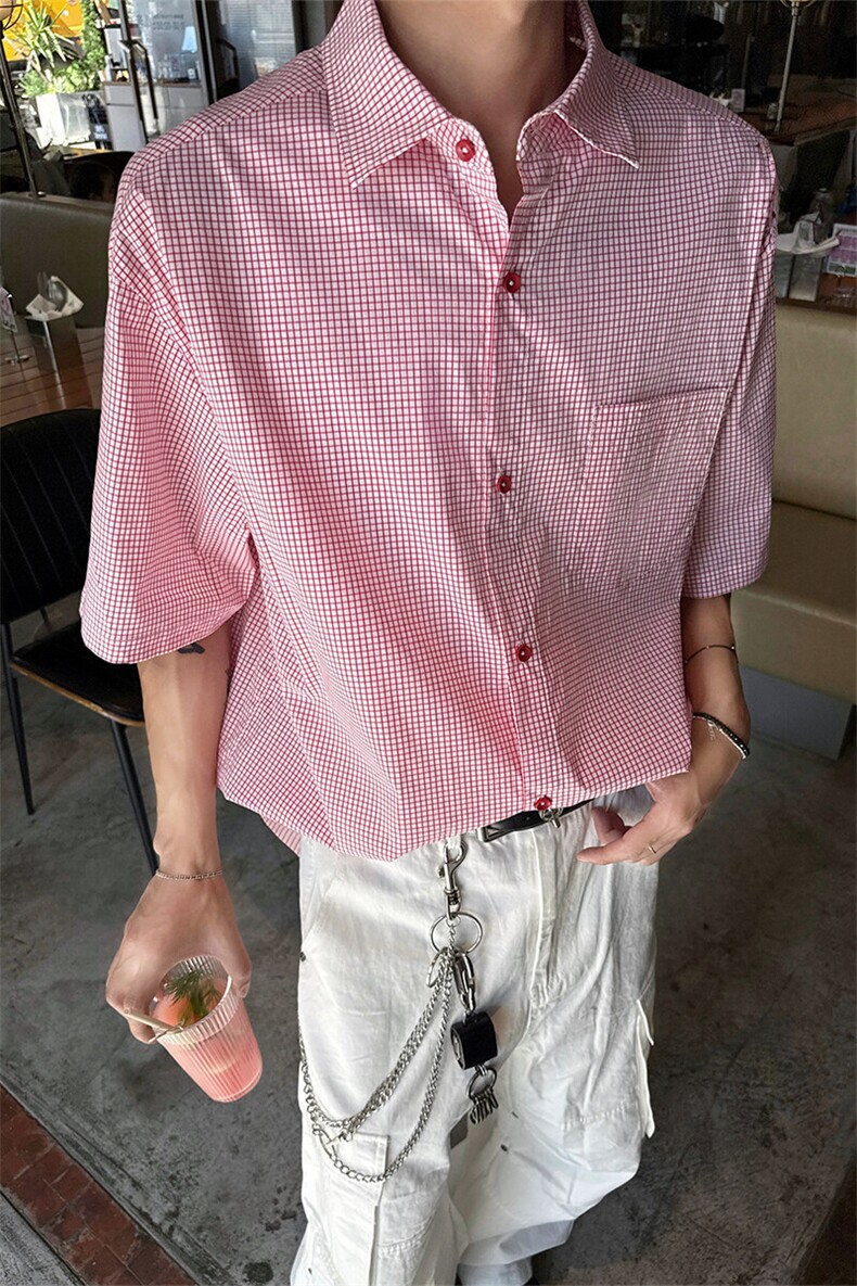 美式细格子短袖衬衫5X1029-TP4579韩系小清新翻领半袖上衣,男装衬衫,电商A102
