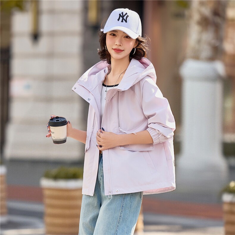 小个子短外套女2026年春季女士户外冲锋衣拉链短款连帽,女装短外套,悦祺