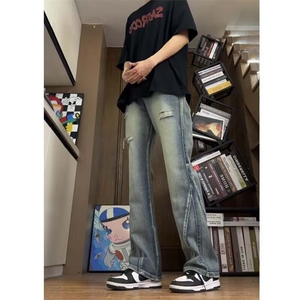 复古水洗做旧拼接牛仔裤男宽松微喇叭显瘦裤子8234 P45图片