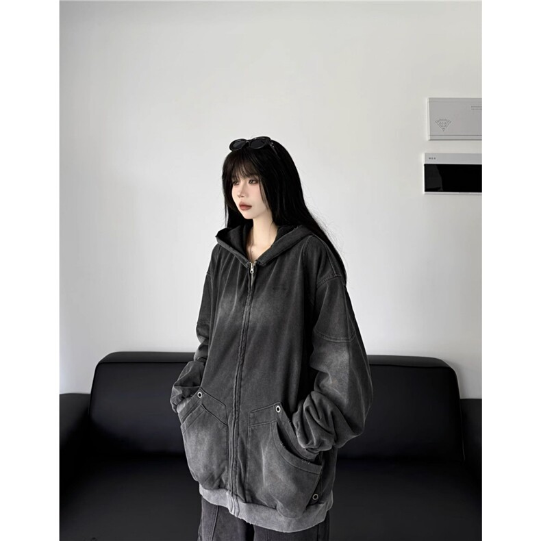美式复古水洗做旧连帽拉链卫衣男女2025秋季新款宽松百搭外套上衣,女装短外套,星座506A